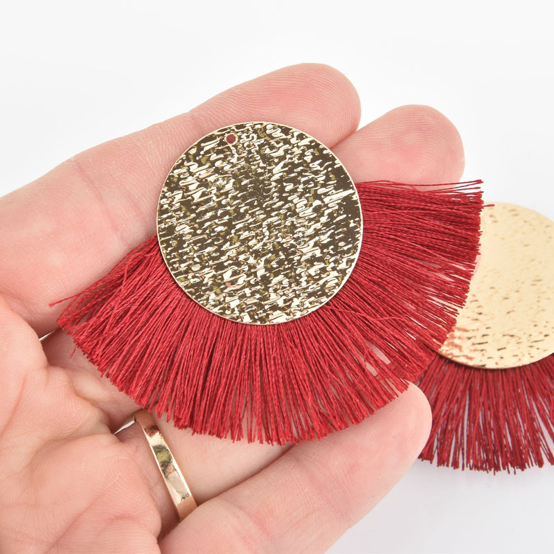 2 Fan Tassel Charms DARK RED Fringe with Wave Pattern Gold Circle 2.75" wide chs5519