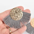 2 Fan Tassel Charms GRAY Fringe with Wave Pattern Gold Circle 2.75" wide chs5520