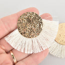 2 Fan Tassel Charms WHITE CREAM Fringe with Wave Pattern Gold Circle 2.75" wide chs5521