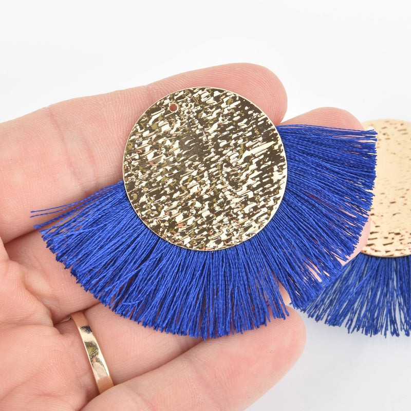2 Fan Tassel Charms ROYAL BLUE Fringe with Wave Pattern Gold Circle 2.75" wide chs5522