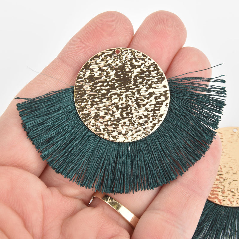 2 Fan Tassel Charms HUNTER GREEN Fringe with Wave Pattern Gold Circle 2.75" wide chs5523