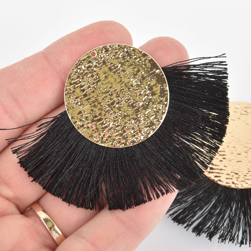 2 Fan Tassel Charms BLACK Fringe with Wave Pattern Gold Circle 2.75" wide chs5525