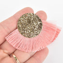 2 Fan Tassel Charms PINK Fringe with Wave Pattern Gold Circle 2.75" wide chs5526
