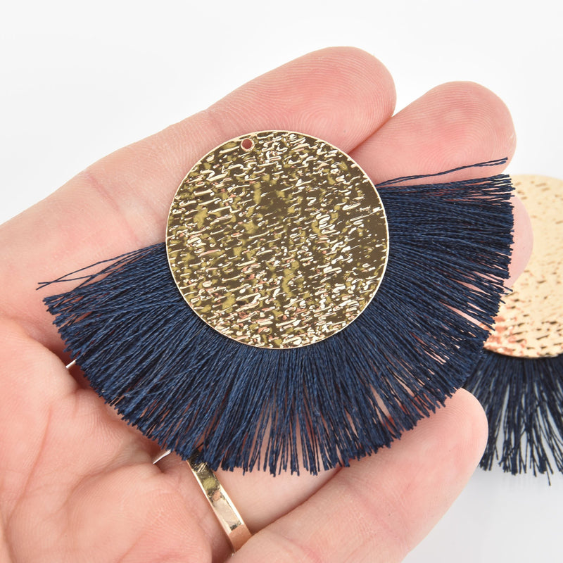 2 Fan Tassel Charms NAVY BLUE Fringe with Wave Pattern Gold Circle 2.75" wide chs5528