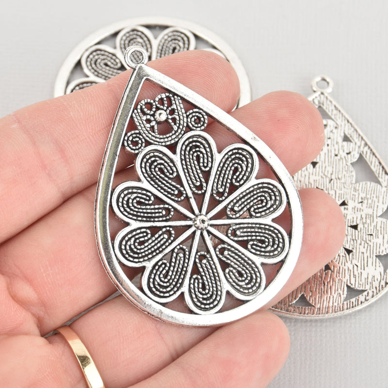 2 SILVER LARGE TEARDROP Filigree Connector Links Charms Pendants 58mm, chs5536