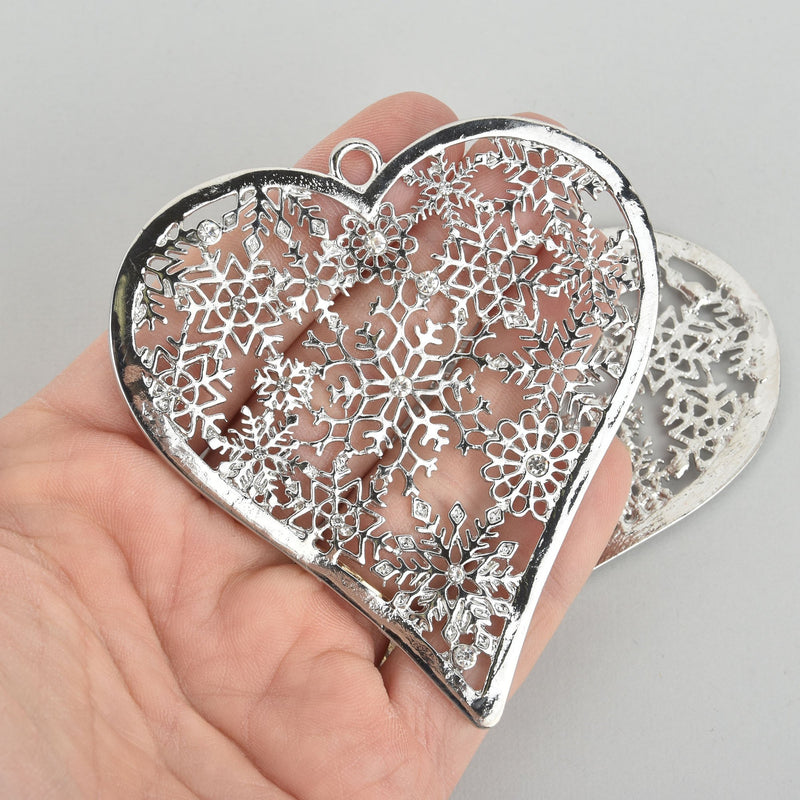 1 Silver Rhinestone Heart Charms, snowflake crystals 3-1/4" chs5545