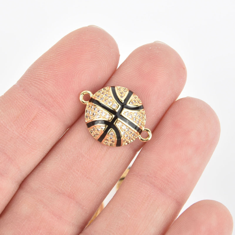 1 Gold Basketball Charm, Micro Pave Connector Link, CZ crystals chs5552