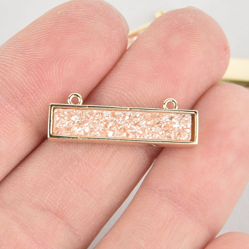 1 CHAMPAGNE Druzy Bar Charm, Gemstone gold rectangle connector link, top loops, 1" chs5558