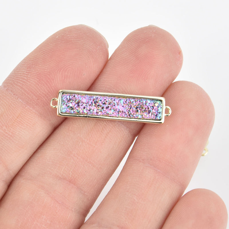 1 PURPLE IRIS Druzy Bar Charm, Gemstone gold rectangle connector link, end loops, 1.25" chs5560