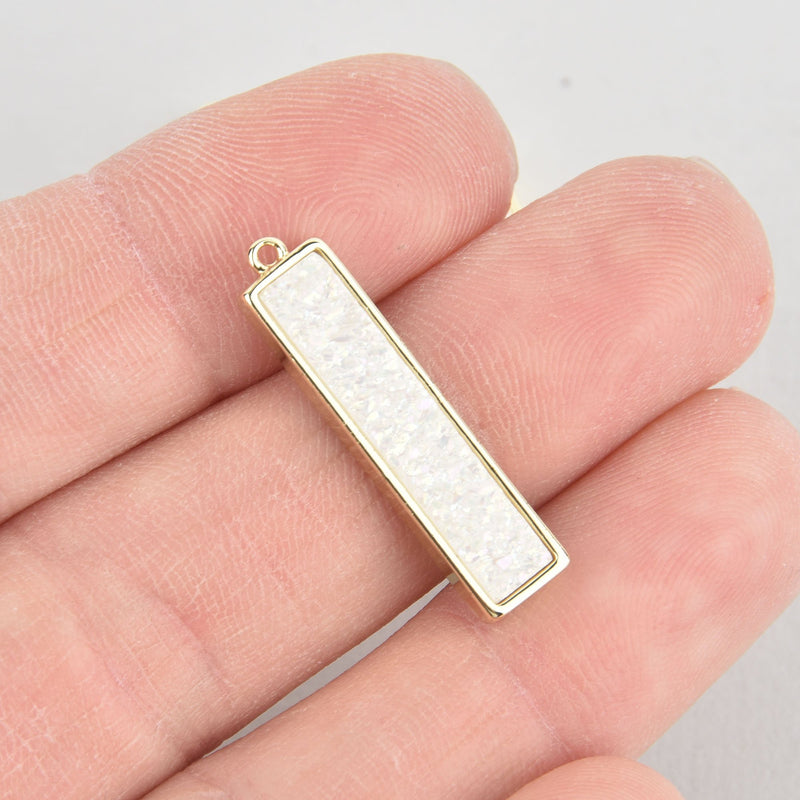 1 WHITE AB Druzy Bar Charm, Gemstone gold rectangle 1-1/8" chs5568