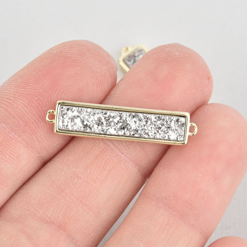 1 SILVER Druzy Bar Charm, Gemstone gold rectangle connector link, end loops, 1.25" chs5571
