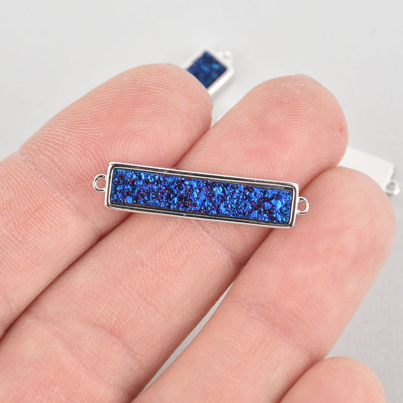 1 BLUE IRIS Druzy Bar Charm, Gemstone silver rectangle connector link, end loops, 1.25" chs5574