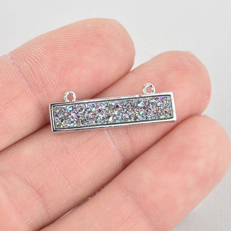 1 PURPLE IRIS Druzy Bar Charm, Gemstone silver rectangle connector link, top loops, 1" chs5575