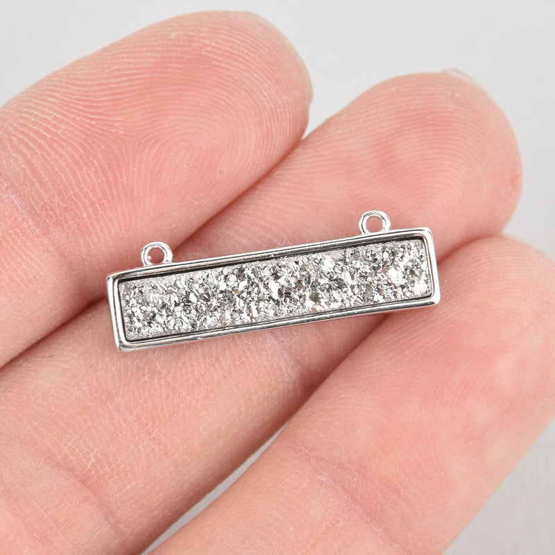1 SILVER Druzy Bar Charm, Gemstone rectangle connector link, top loops, 1" chs5581