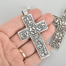 1 Large CROSS Charm Pendant SILVER floral design, 3" long, chs5589