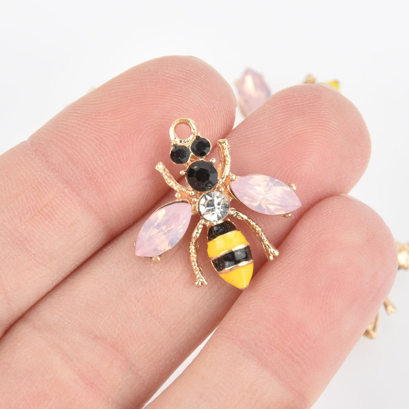 5 Gold Bee Charms with Rhinestones, Enamel, Pink Crystal Wings chs5592