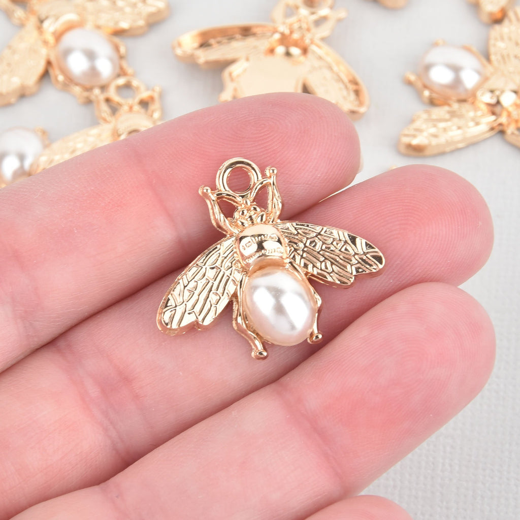 5 Gold Bee Charms with Faux Pearl chs5594