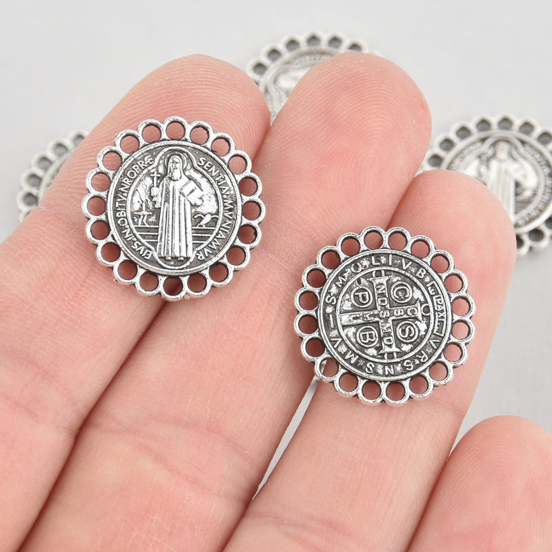 10 Religious Medal Charms, Silver Relic double sided Patron Saint charms, 20mm, chs5597