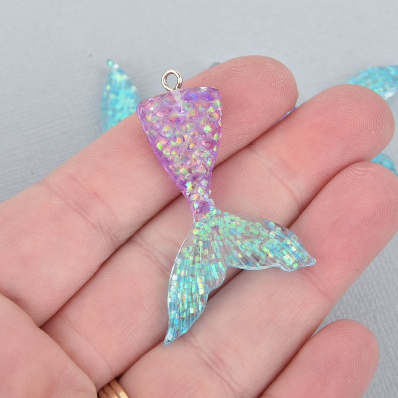 2 MERMAID Tail Charms, Glitter Resin with Blue and Purple, 2" chs5602
