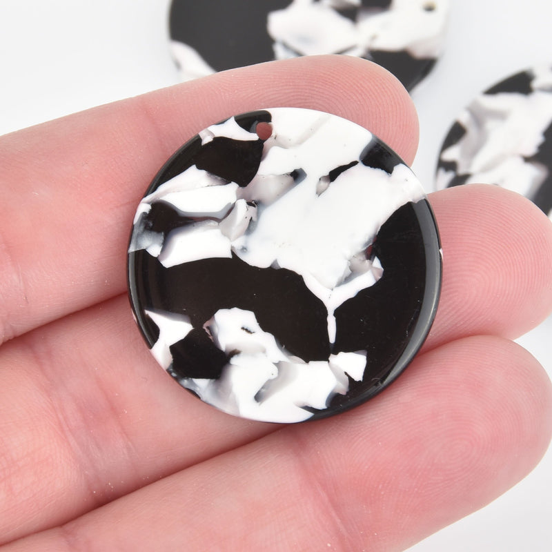 4 Acrylic Circle Charms EBONY Terrazzo White and Black 1.25" chs5615