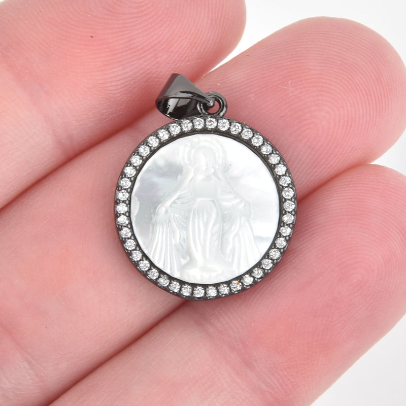 1 Black Religious Medal Saint Charm, Mother of Pearl Shell, Micro Pave 18mm chs5648