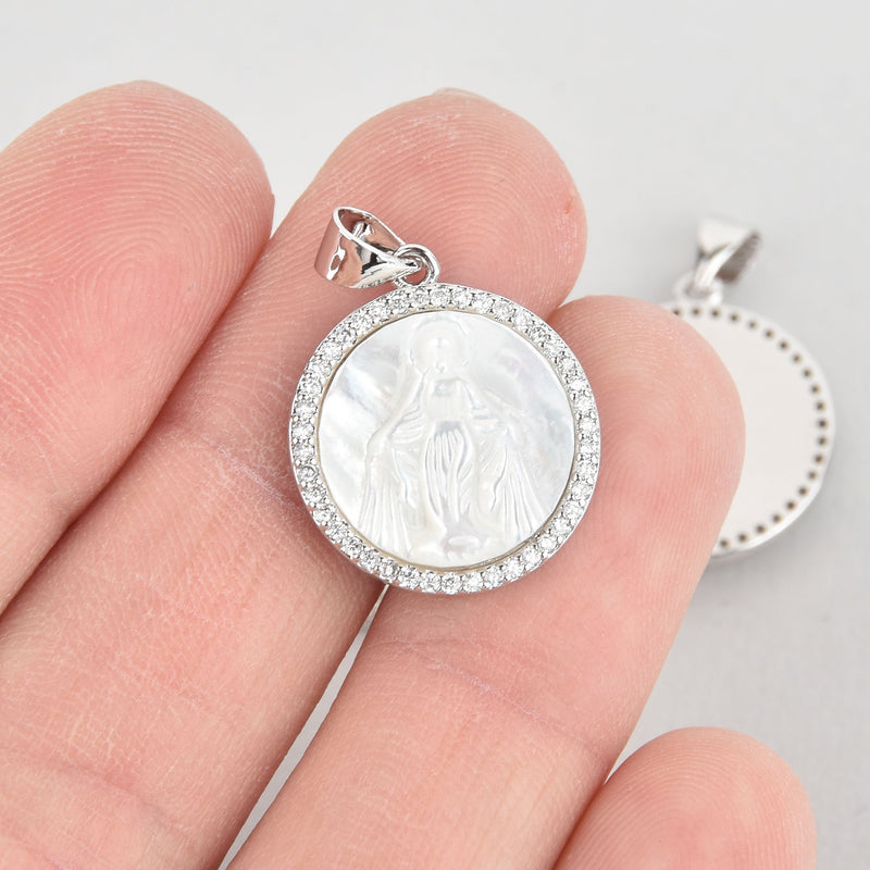 1 Silver Religious Medal Saint Charm, Mother of Pearl Shell, Micro Pave 18mm chs5649