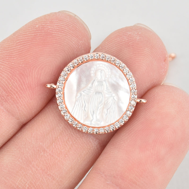 1 Rose Gold Religious Medal Saint Charm, Mother of Pearl Shell, Micro Pave 18mm chs5650