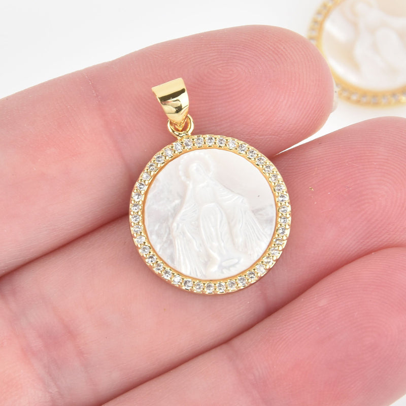 1 Gold Religious Medal Saint Charm, Mother of Pearl Shell, Micro Pave 18mm chs5653