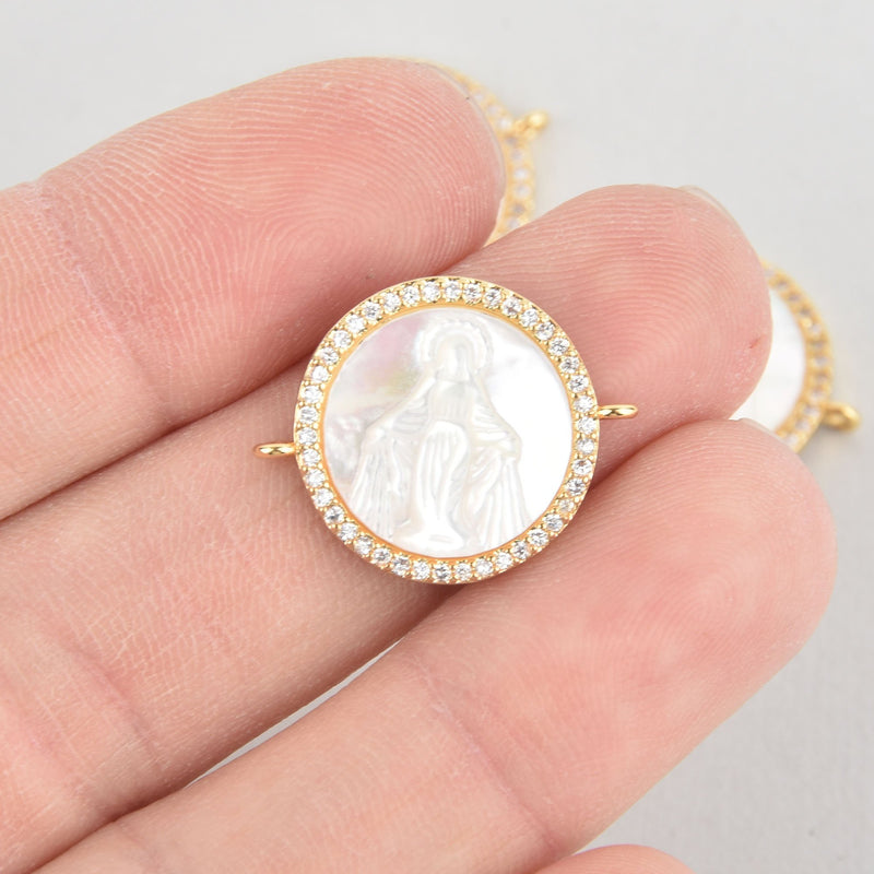 1 Gold Religious Medal Saint Charm, Mother of Pearl Shell, Micro Pave 18mm chs5659