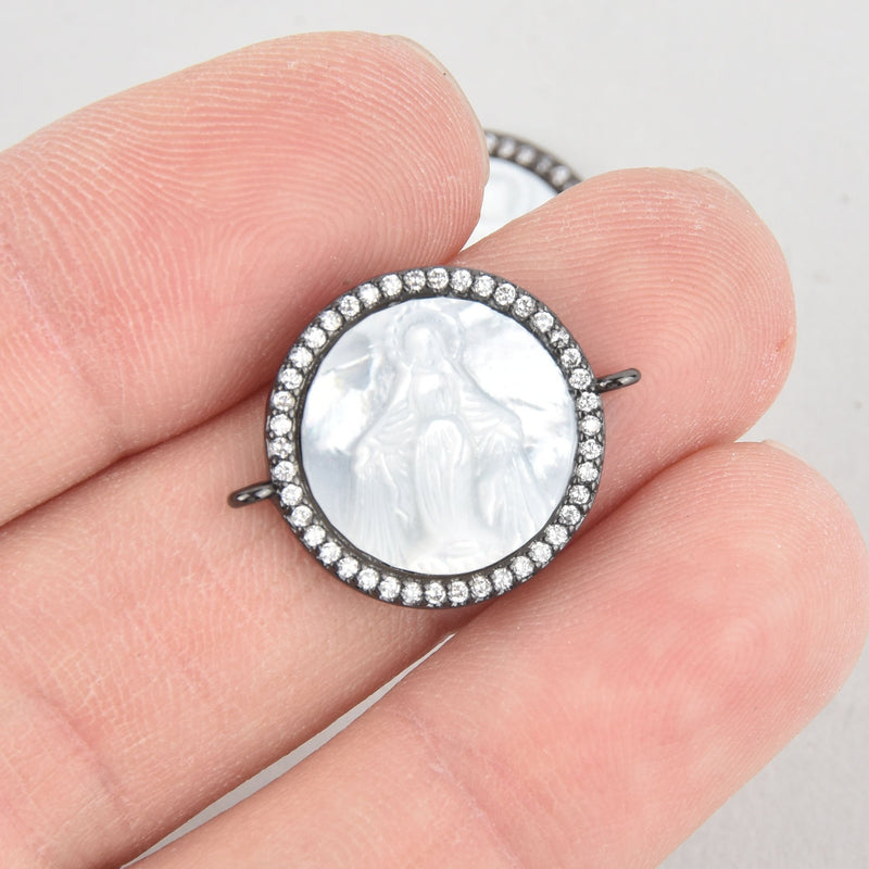 1 Black Religious Medal Saint Charm, Mother of Pearl Shell, Micro Pave 18mm chs5660