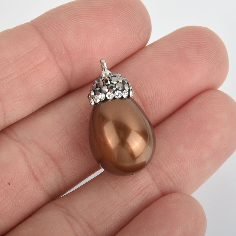 Brown Teardrop shell pearl charm Micro pave crystals Drop charm 1" long chs5662