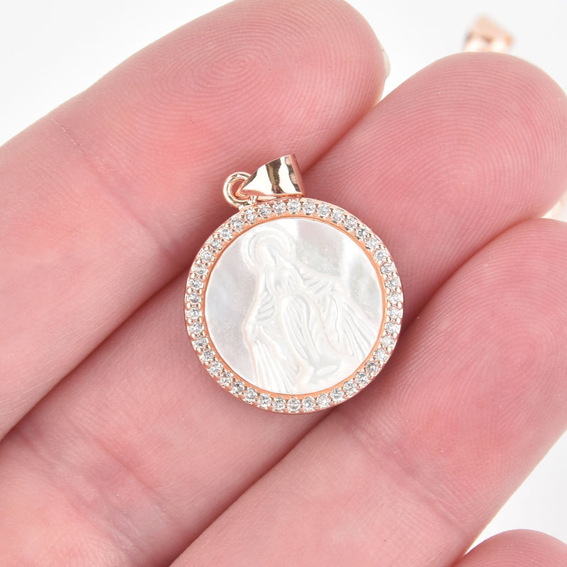 1 Rose Gold Religious Medal Saint Charm, Mother of Pearl Shell, Micro Pave 18mm chs5664