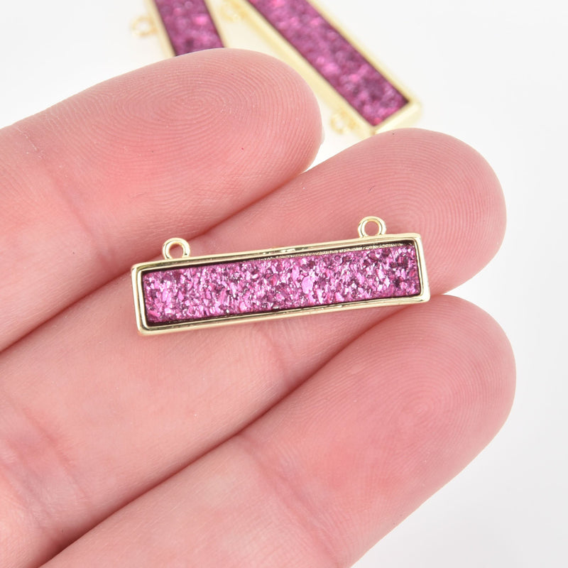1 PINK IRIS Druzy Bar Charm, Gemstone gold rectangle connector link, top loops, 1" chs5665