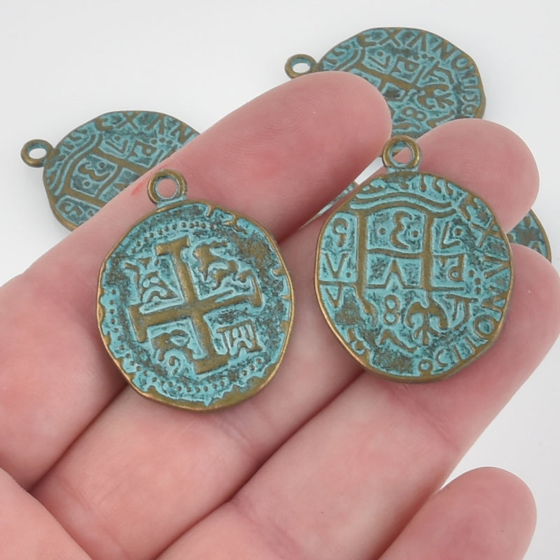 5 Bronze Coin Relic Charm Pendants, round cross charms, blue verdigris patina bronze plated metal 30x25mm chs5668