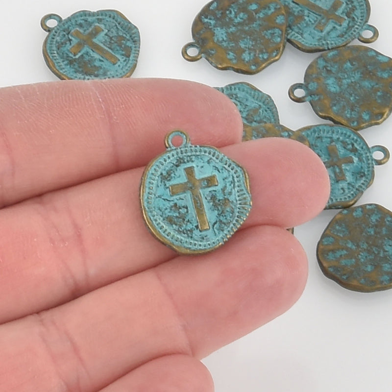 5 Bronze Coin Relic Charm Pendants, Cross with wax seal, blue verdigris patina 22mm, chs5674