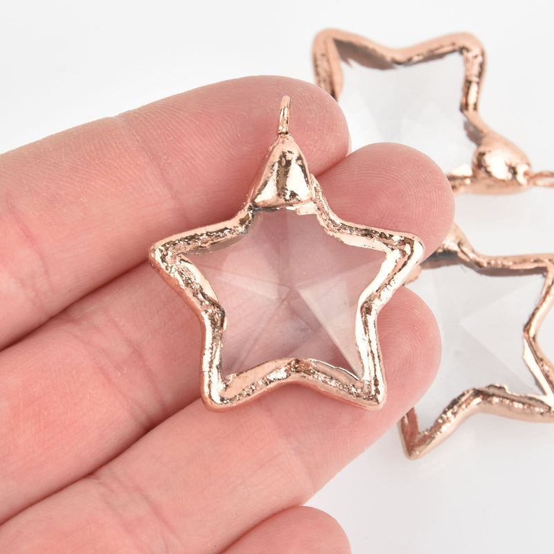 1 Crystal STAR Drop Pendant, Clear Glass, Faceted, Rose Gold Bail, 1.5" long, chs5678