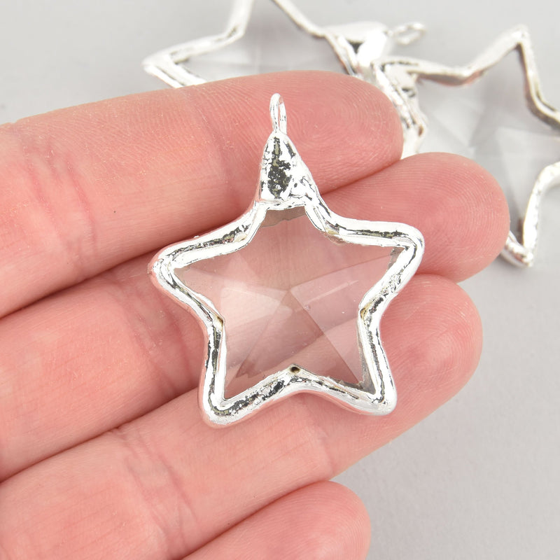 1 Crystal STAR Drop Pendant, Clear Glass, Faceted, Silver Bail, 1.5" long, chs5679