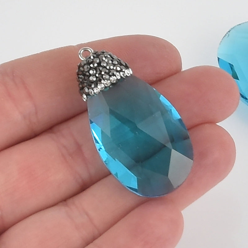 Blue Crystal Teardrop Charm Drop Pendant with rhinestone micro pave bead cap, 1-3/4" chs5680
