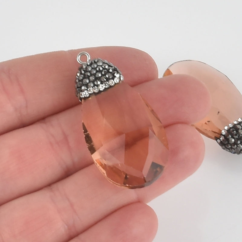 Peach Crystal Teardrop Charm Drop Pendant with rhinestone micro pave bead cap, 1-3/4" chs5681