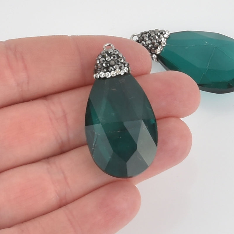 Emerald Green Crystal Teardrop Charm Drop Pendant with rhinestone micro pave bead cap, 1-3/4" chs5683