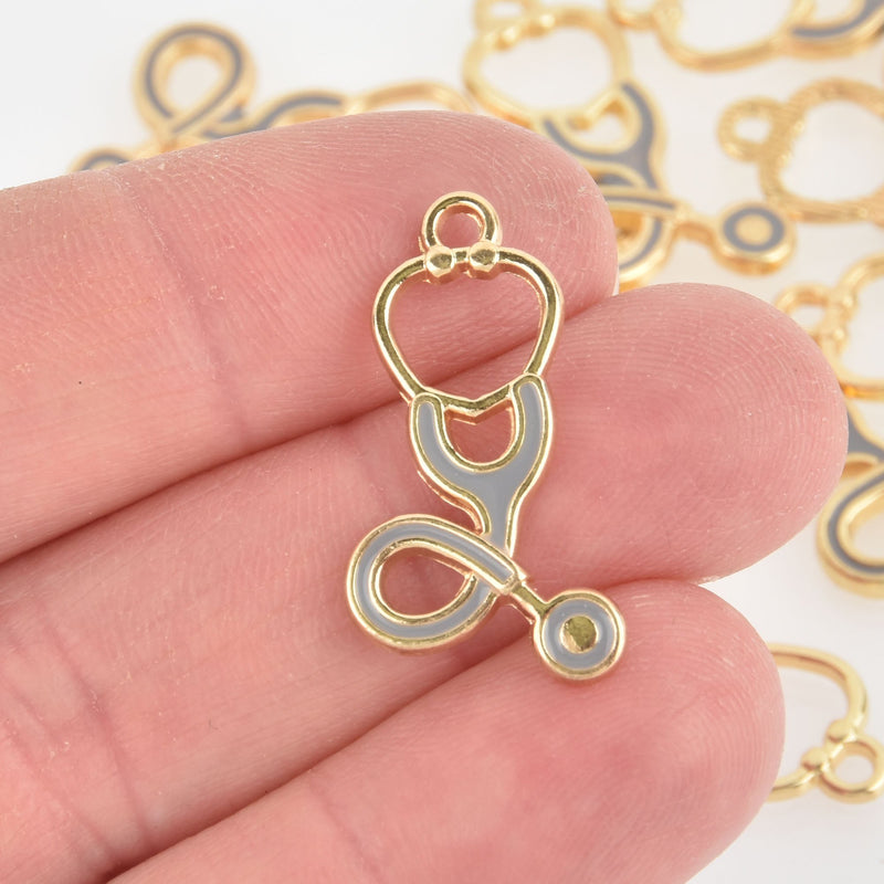 10 Blue Stethoscope Charms Gold Plate and Enamel Nurse Charms 27mm chs5684