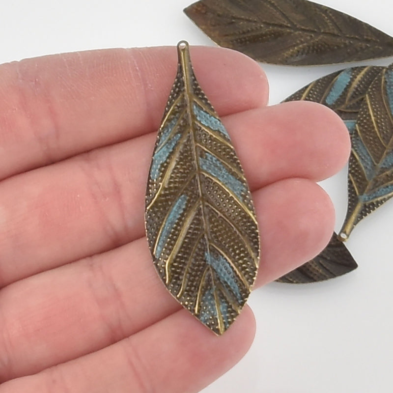 5 Bronze Leaf Charms, Blue Verdigris Patina, 2-1/4" long, chs5685