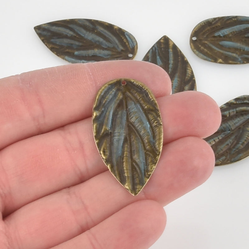 5 Bronze Leaf Charms, Blue Verdigris Patina, 1.5" long, chs5687