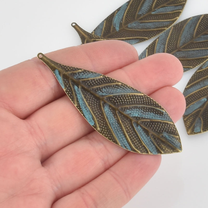 5 Bronze Leaf Charms, Blue Verdigris Patina, 3" long, chs5689