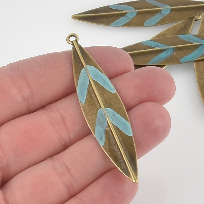 4 Bronze Leaf Charms, Blue Verdigris Patina, 2.5" long, chs5691