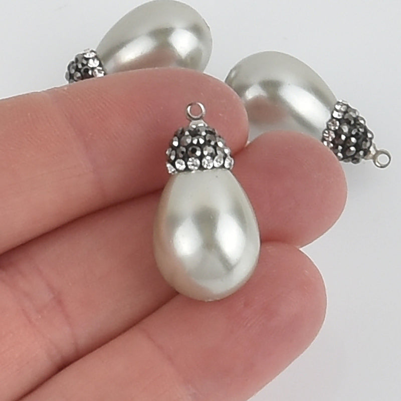 Gray Teardrop shell pearl charm Micro pave crystals Drop charm 1" long chs5693