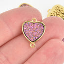 2 PINK Druzy Quartz Gemstone Charms GOLD HEART filigree connector link 18mm chs5695