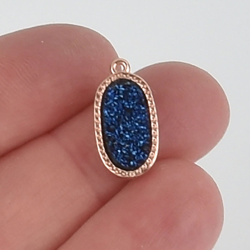 2 BLUE Druzy Quartz Gemstone Charms ROSE GOLD oval filigree 18x9mm chs5696
