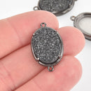 1 BLACK Druzy Oval Charm, Gunmetal bezel connector link, 27x16mm, chs5697