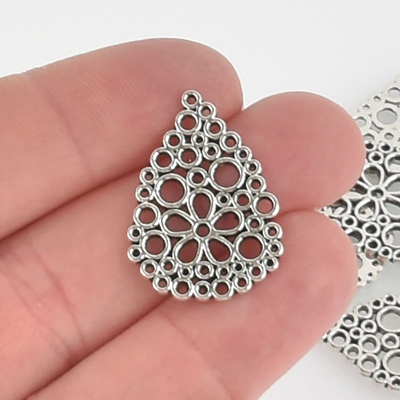 10 Silver Filigree Teardrop Charms, Connectors 1" chs5698a